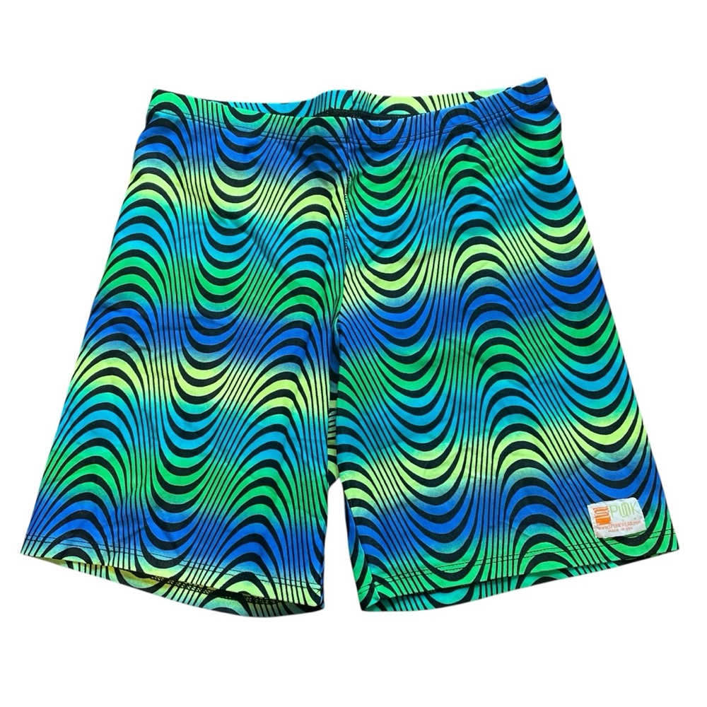 Vintage Spunkwear Retro Trippy Neon Green & Blue Stretchy Spandex Biker Shorts